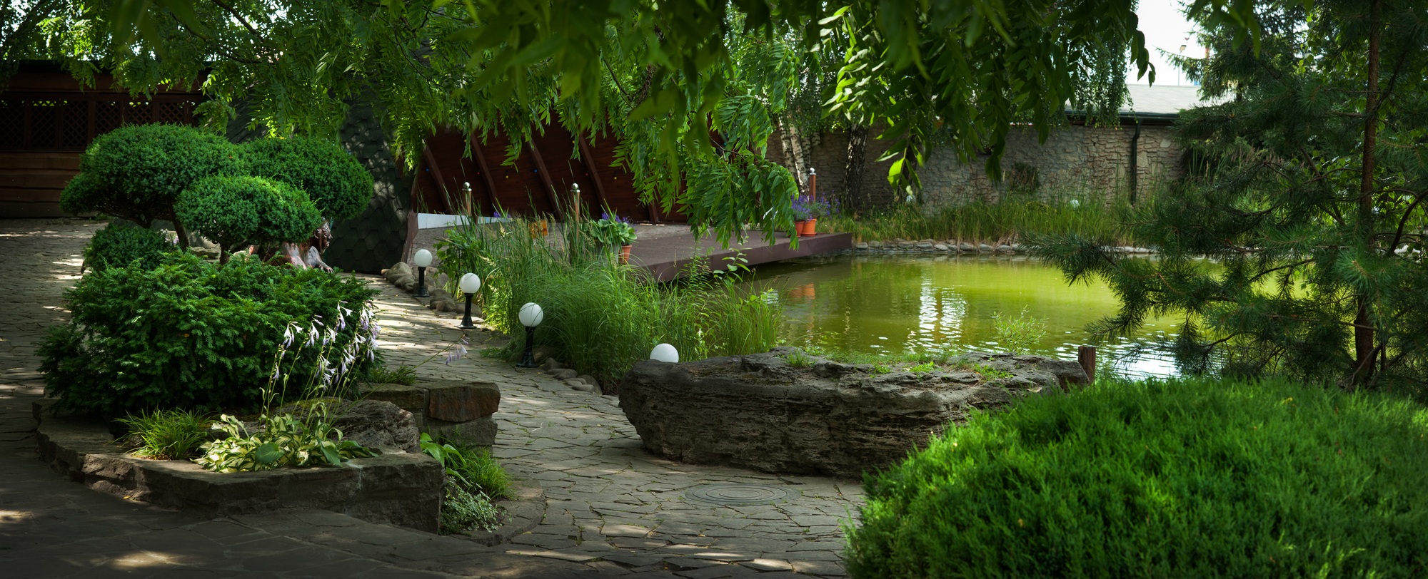 a cozy corner of the garden, a pond and various bushes and trees, landscape design